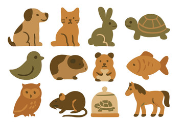 Collection of cute stylized domestic and wild animal icons in earthy tones