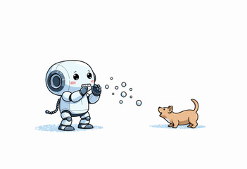 Naklejka premium Adorable Robot Playfully Engages with Curious Puppy in a Whimsical Interaction Captivating Joyful Moments of Innocence and Friendship