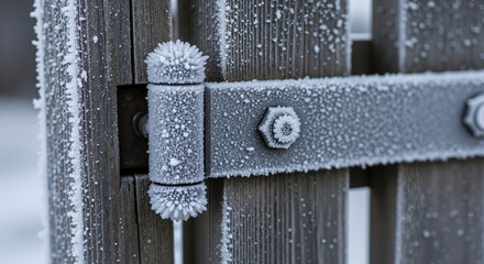Frost-covered gate hinge with ice crystals and wooden background  