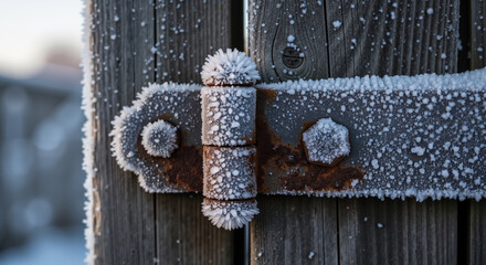 Frozen gate hinge with frost and rust on wooden background  
