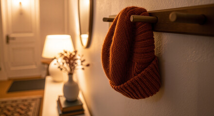 Cozy orange hat hanging on wall hook in illuminated hallway  