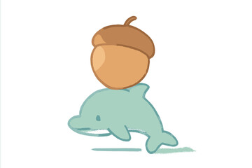 Charming cartoon dolphin balancing large acorn on its back