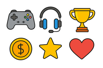 Colorful set of gaming icons: controller, headset, trophy, coin, star, and heart