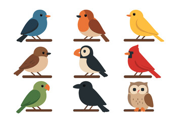 Nine colorful cartoon birds perched on tree branches in flat design style