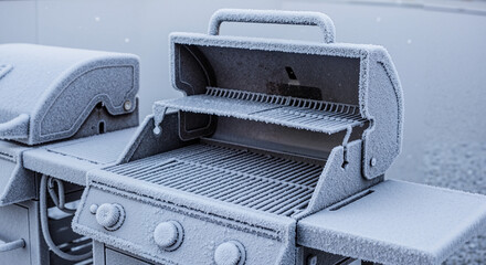 Frost-covered outdoor grill with open lid on winter morning  