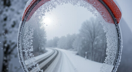 Frost on traffic mirror reflecting winter road and snowy trees  