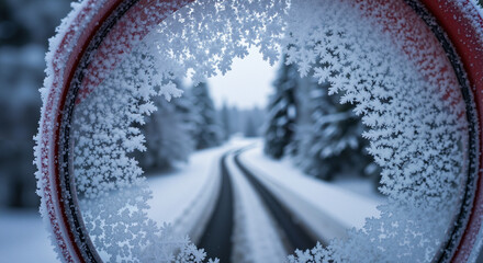 Frost-covered traffic mirror reflecting snowy road and pine trees  