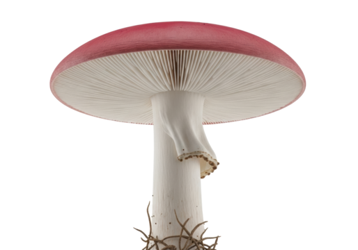 A single, perfectly formed mushroom with a deep crimson red cap, transparent gills, and a white stem, against a transparent background with copy space, showing intricate natural detail concept of