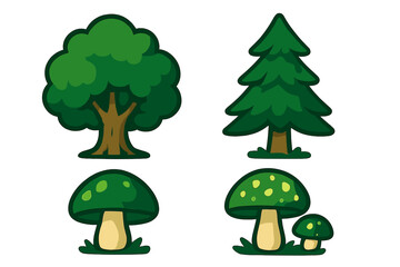 Cartoon green forest flora icons with deciduous tree, pine, and mushrooms