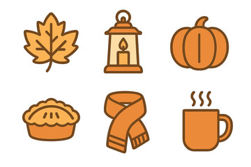 Cozy autumn season icons featuring leaf, pumpkin pie, scarf, and hot drink