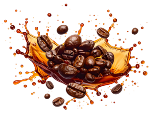 Rich coffee beans splashing in hot liquid, a dynamic aroma
