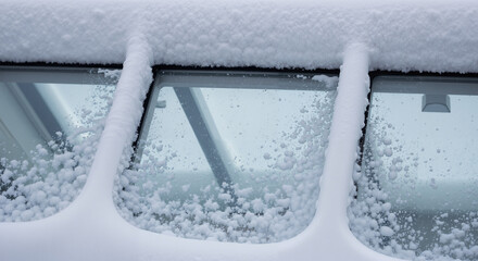 Snow-covered skylight frame with frost and ice in winter  