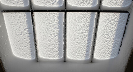 Snow covering skylight frame with intricate texture and details  
