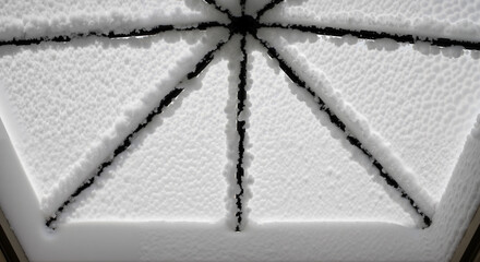 Snow covering skylight frame with geometric pattern in winter  