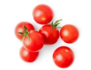 Cherry tomatoes on a white isolated background, top view