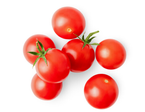Cherry tomatoes on a white isolated background, top view