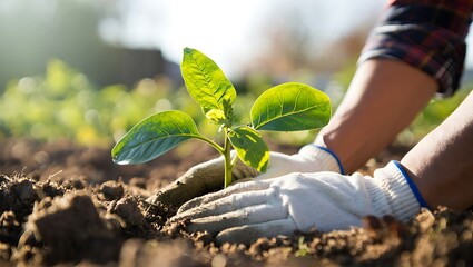 Planting new seedling in fertile soil springtime gardening concept