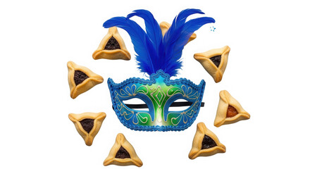 Colorful carnival mask and hamentashen cookies isolated on transparent background