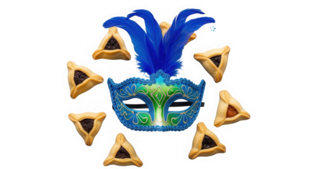 Colorful carnival mask and hamentashen cookies isolated on transparent background