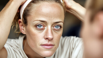 Fototapeta premium Woman adjusting headband before workout. Clean skin and focused look in indoor setting. Preparation moment in active lifestyle..