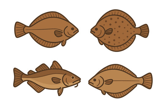 Four brown edible fish icons featuring flatfish and cod species