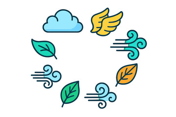 Naklejka premium Collection of stylized icons representing air element, weather, and seasonal changes