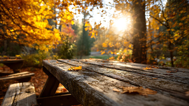 Rustic wooden picnic table in golden autumn forest fall woods