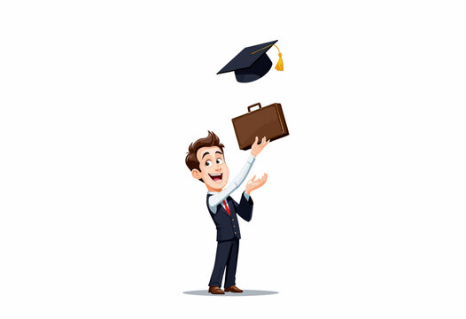 Cheerful Graduate Celebrating Success Tossing Graduation Cap While Holding a Business Briefcase Symbolizing New Career Opportunities