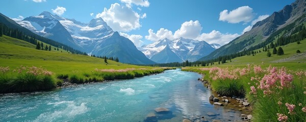 Turquoise river flows through green valley past pink wildflowers. Snow capped mountains rise in background under blue sky with clouds. Untouched nature landscape.
