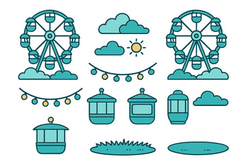 Amusement park ride elements featuring Ferris wheel and carnival booths