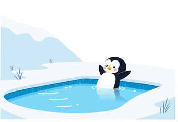 Obraz premium Cute Penguin Joyfully Swimming in a Snowy Pool Under a Bright Sky Surrounded by Ice and Snow-Covered Mountains in a Winter Wonderland Scene