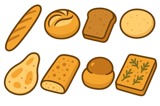 Set of icons representing various baked bread and pastry items