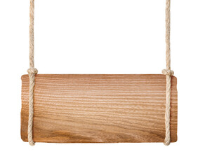 Blank wooden sign hanging on a string, on a white isolated background