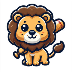 Cute cartoon lion playing baseball, flat vector logo for sports or kids' brands