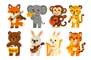 Charming jungle and forest animals playing various musical instruments together