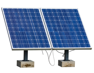 Two blue solar panels on stands generating power
