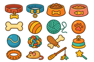 Cute collection of various pet supplies and toys icons