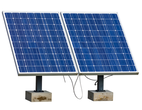 Two blue solar panels on stands generating power - Powered by Adobe