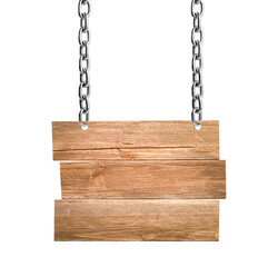 A road sign made of wooden planks hanging on a chain on a white isolated background