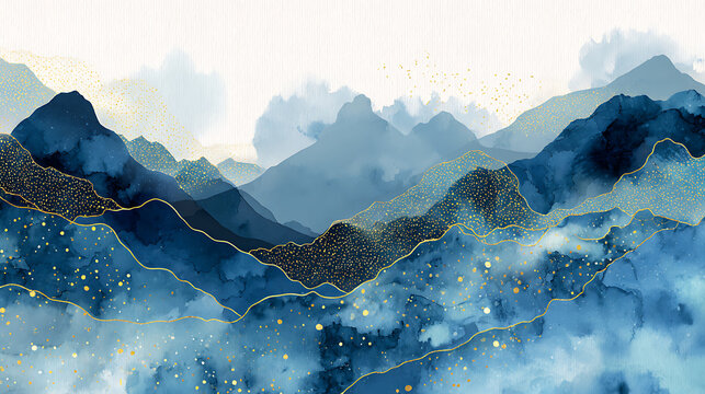 Serene blue mountains with golden accents and misty clouds watercolor abstract - Powered by Adobe