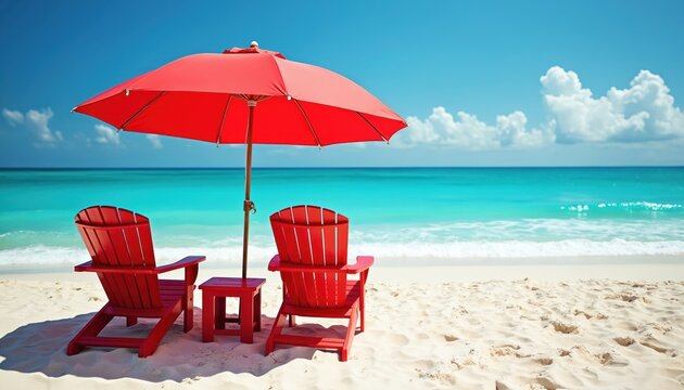 Two red chairs sit under a bright umbrella on a white sand beach with clear blue ocean waves. The sky above is bright blue with scattered white clouds.
