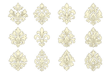 Twelve ornate damask style ornamental motifs in pale yellow