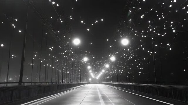Urban bridge connecting city with data network at night