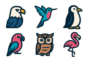 Obraz premium Set of six colorful stylized bird icons including eagle, hummingbird, penguin, parrot, owl, and flamingo