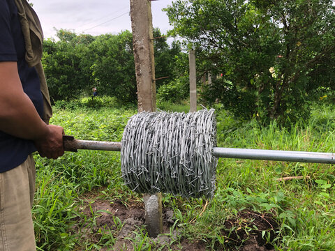 Farm worker is installing barbed wire on concrete posts to construct a perimeter fence in the farmyard.