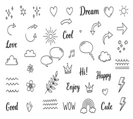 Illustration of hand drawn doodle elements heart, arrow, star, sun, cloud, music note, crown, flower, lightning, speech bubble, branch, rainbow, and text