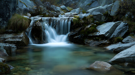 Fototapeta premium Smooth water cascading over mossy rocks in a serene mountain stream waterfall nature