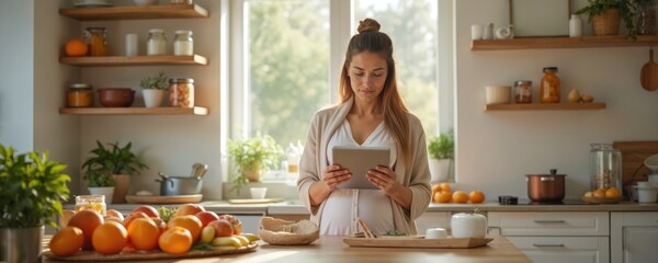 Pregnant woman uses tablet in kitchen. Prepares healthy food on counter. Home interior modern design. Digital device supports research. Kitchen provides nourishment. Family food prep, diet.