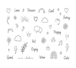 Illustration of hand drawn doodle elements heart, arrow, star, sun, cloud, music note, crown, flower, lightning, speech bubble, branch, rainbow, and text