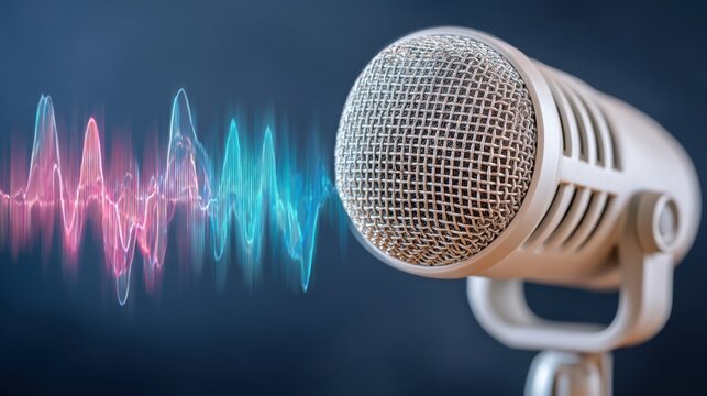 Professional microphone with yellow voice waveform on dark background, sound studio recording - Powered by Adobe